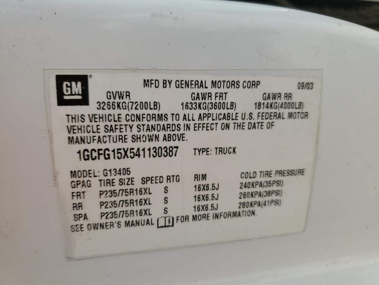 2004 Chevrolet Express G1500 VIN: 1GCFG15X541130387 Lot: 67458994