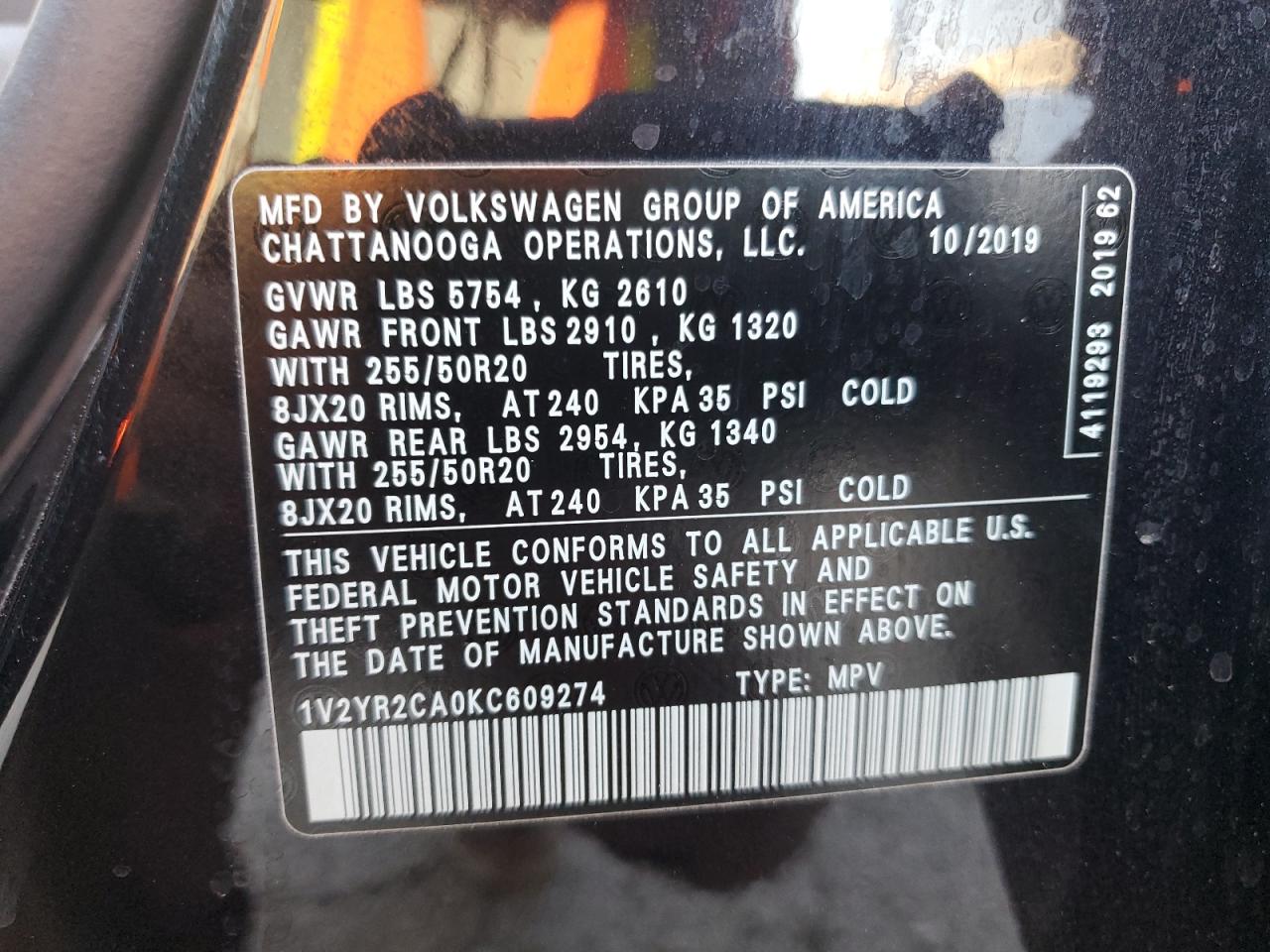 1V2YR2CA0KC609274 2019 Volkswagen Atlas Se