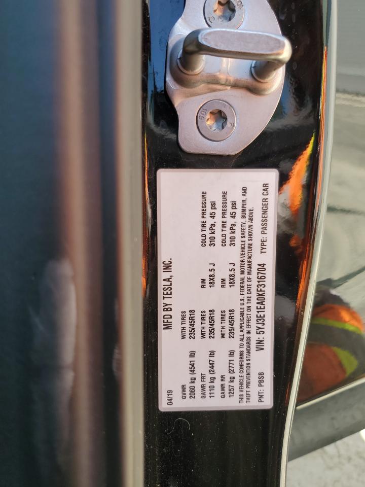 2019 Tesla Model 3 VIN: 5YJ3E1EA0KF316704 Lot: 65035284