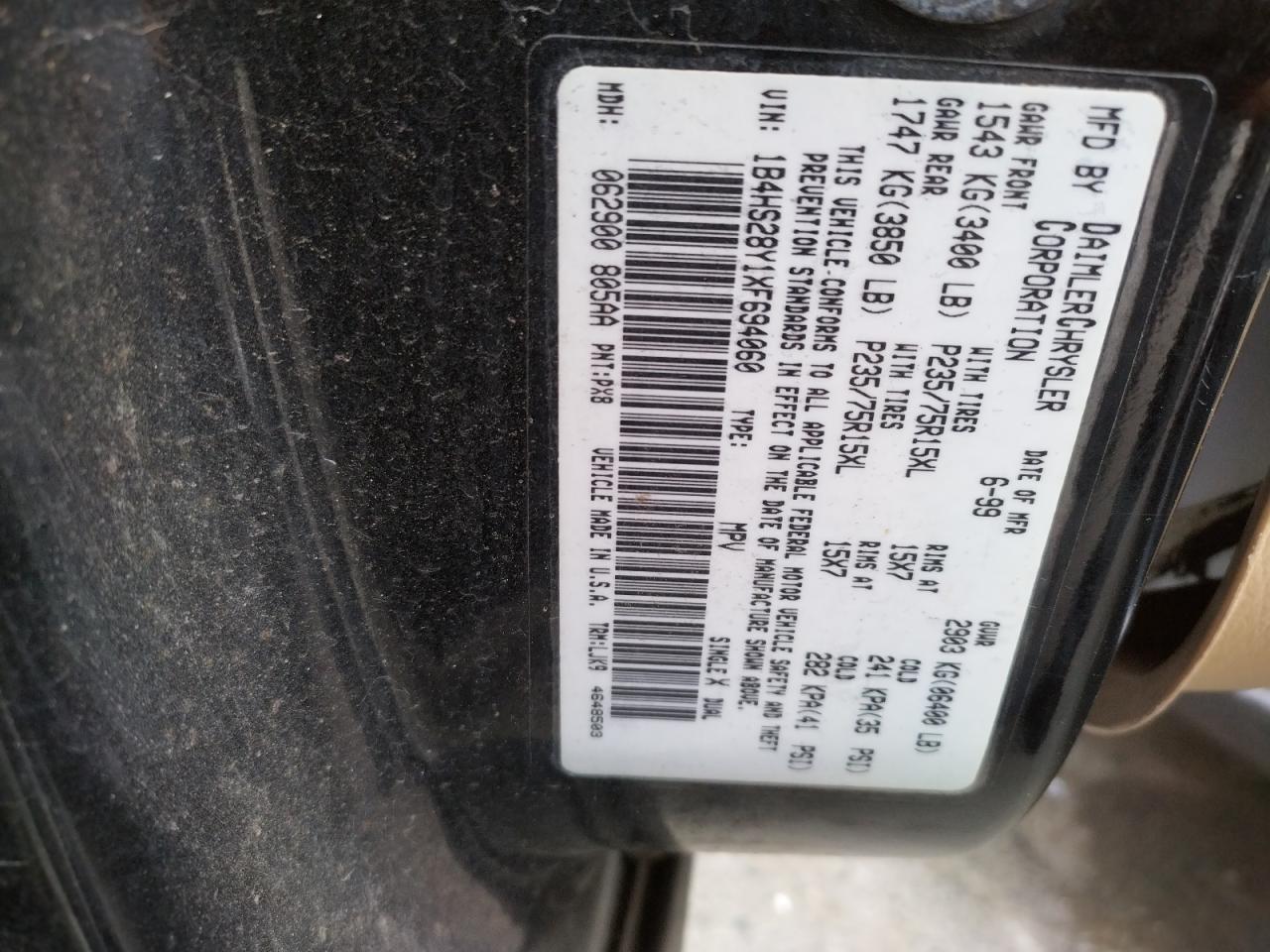 1999 Dodge Durango VIN: 1B4HS28Y1XF694060 Lot: 66023484