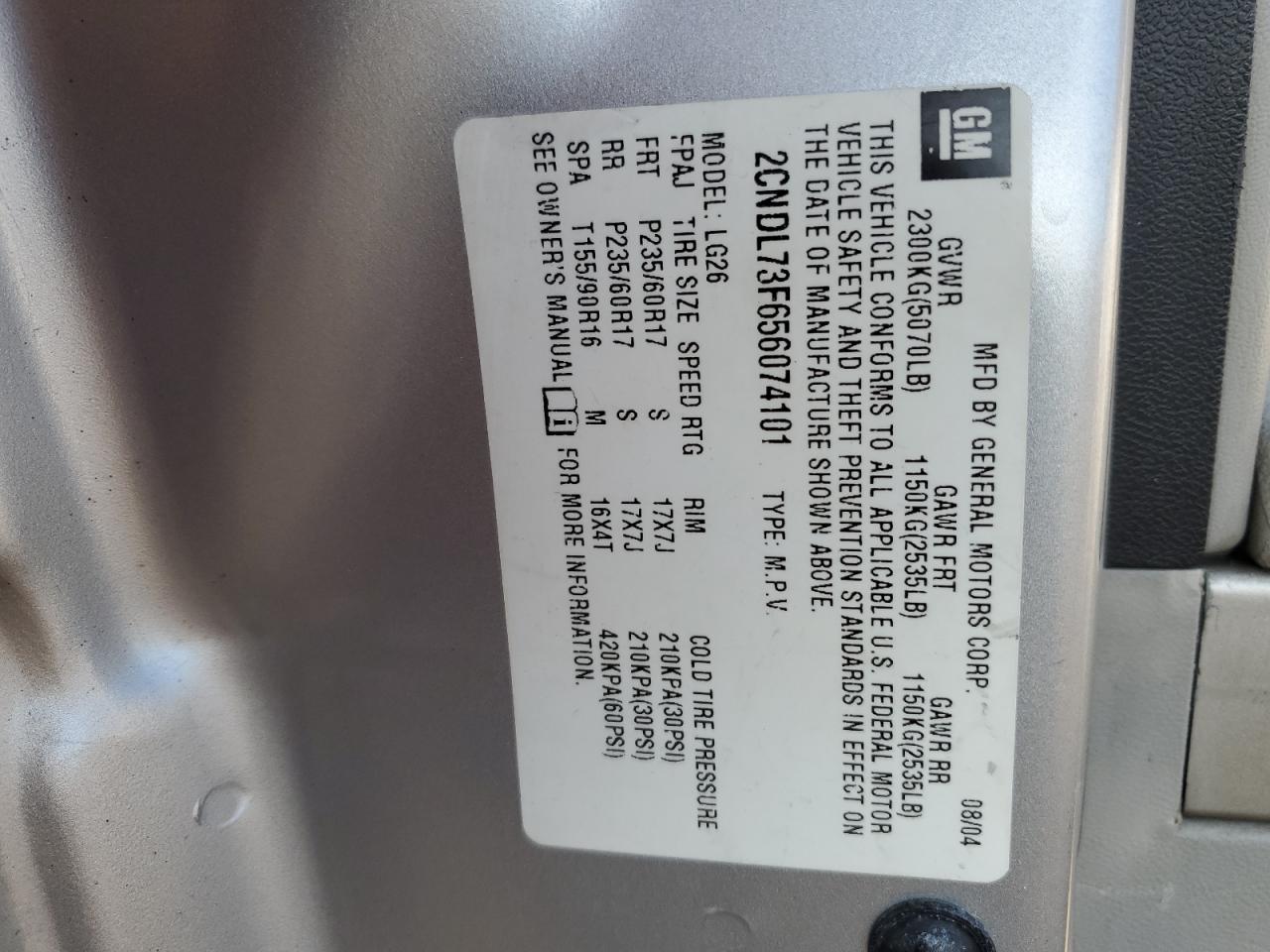 2005 Chevrolet Equinox Lt VIN: 2CNDL73F656074101 Lot: 66920694