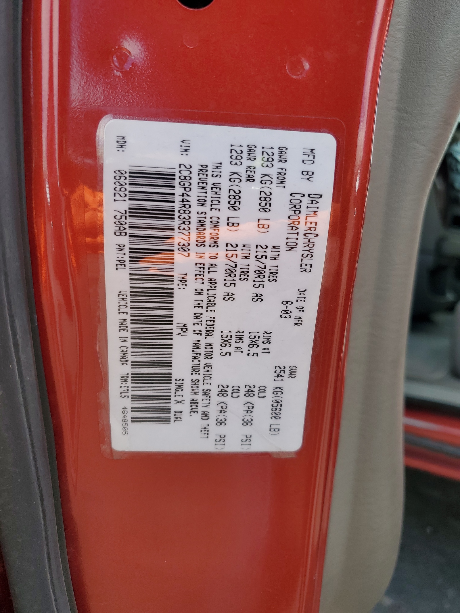 2C8GP44R83R377307 2003 Chrysler Town & Country Lx