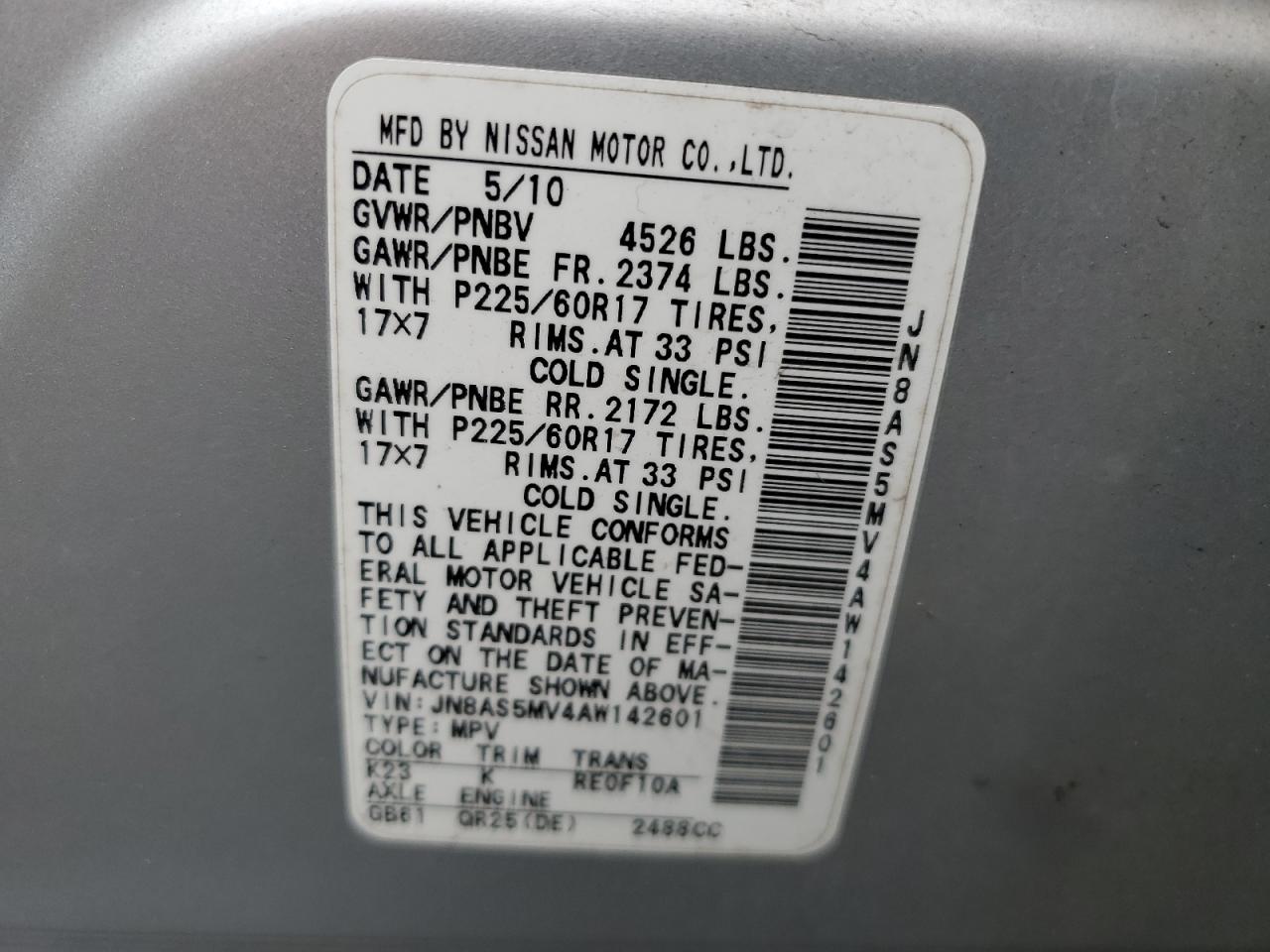 2010 Nissan Rogue S VIN: JN8AS5MV4AW142601 Lot: 68033534