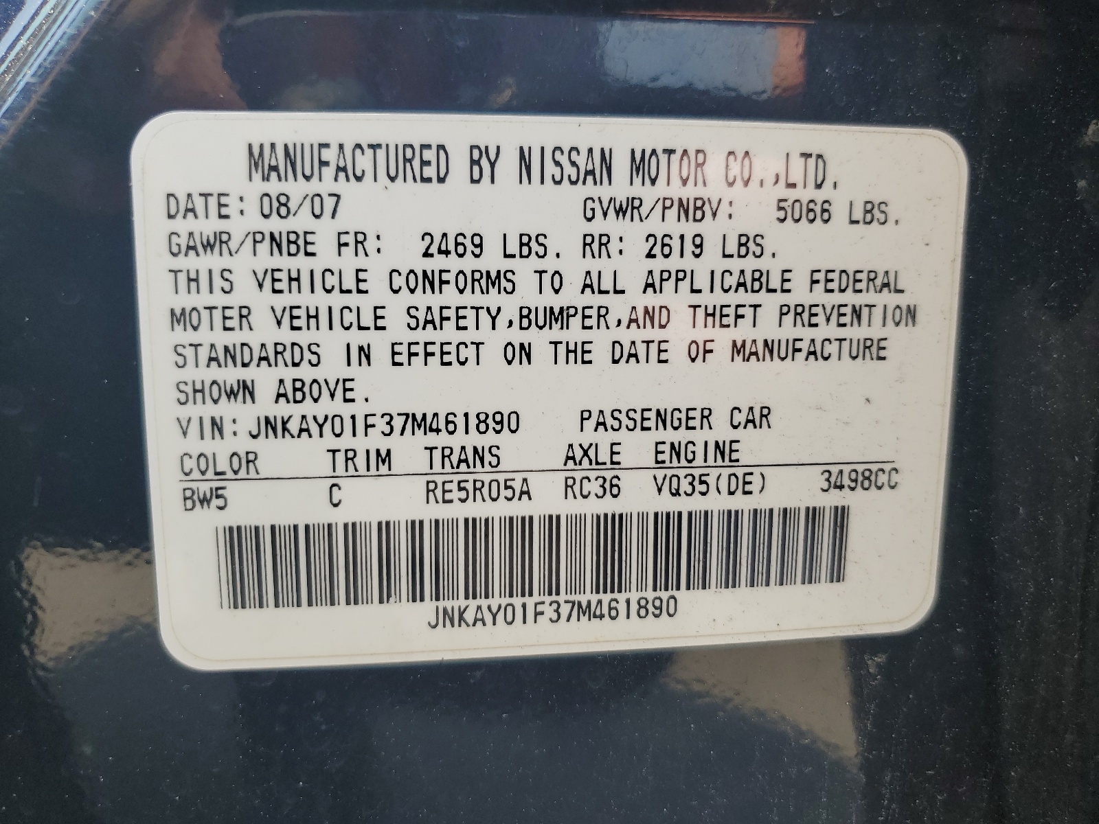 JNKAY01F37M461890 2007 Infiniti M35 Base