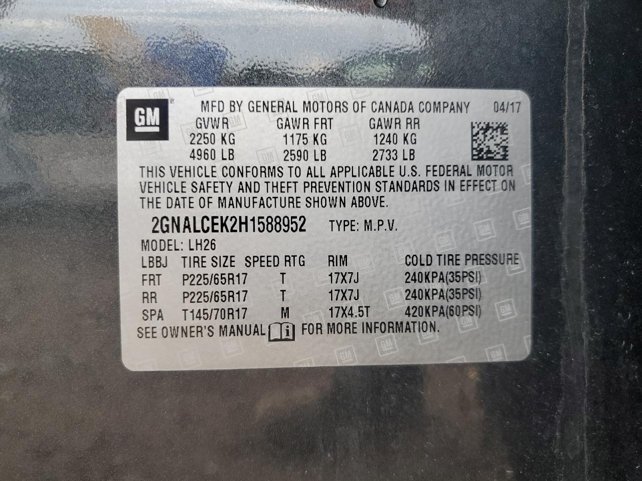 2GNALCEK2H1588952 2017 Chevrolet Equinox Lt