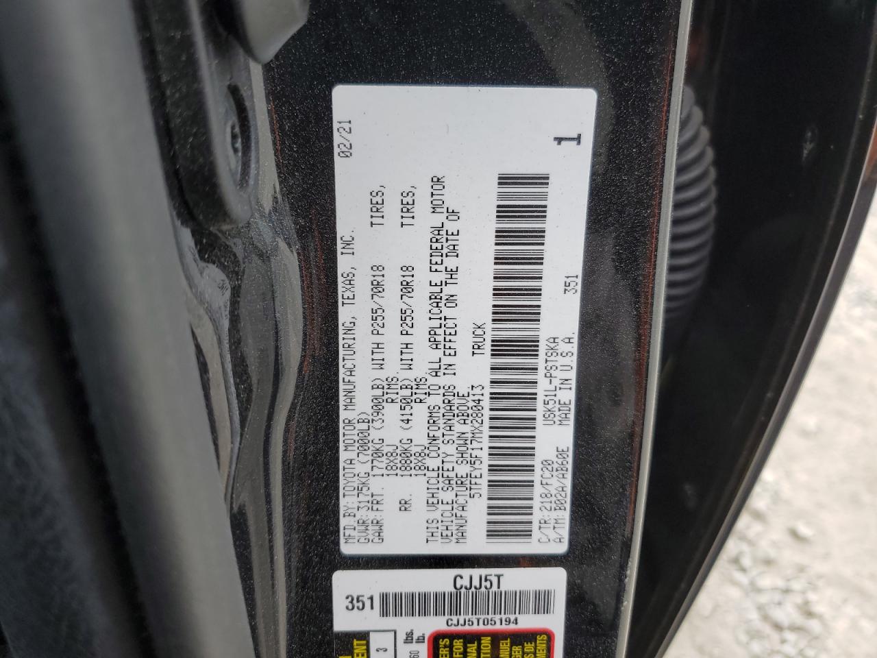 2021 Toyota Tundra Crewmax Sr5 VIN: 5TFEY5F17MX280413 Lot: 67536794