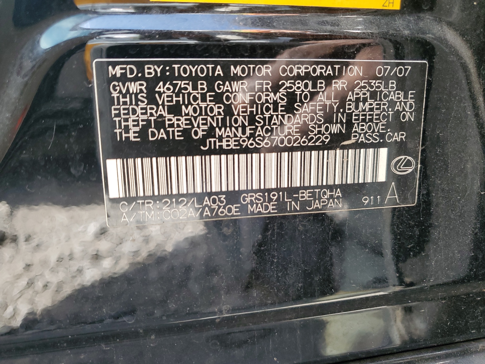 JTHBE96S670026229 2007 Lexus Gs 350