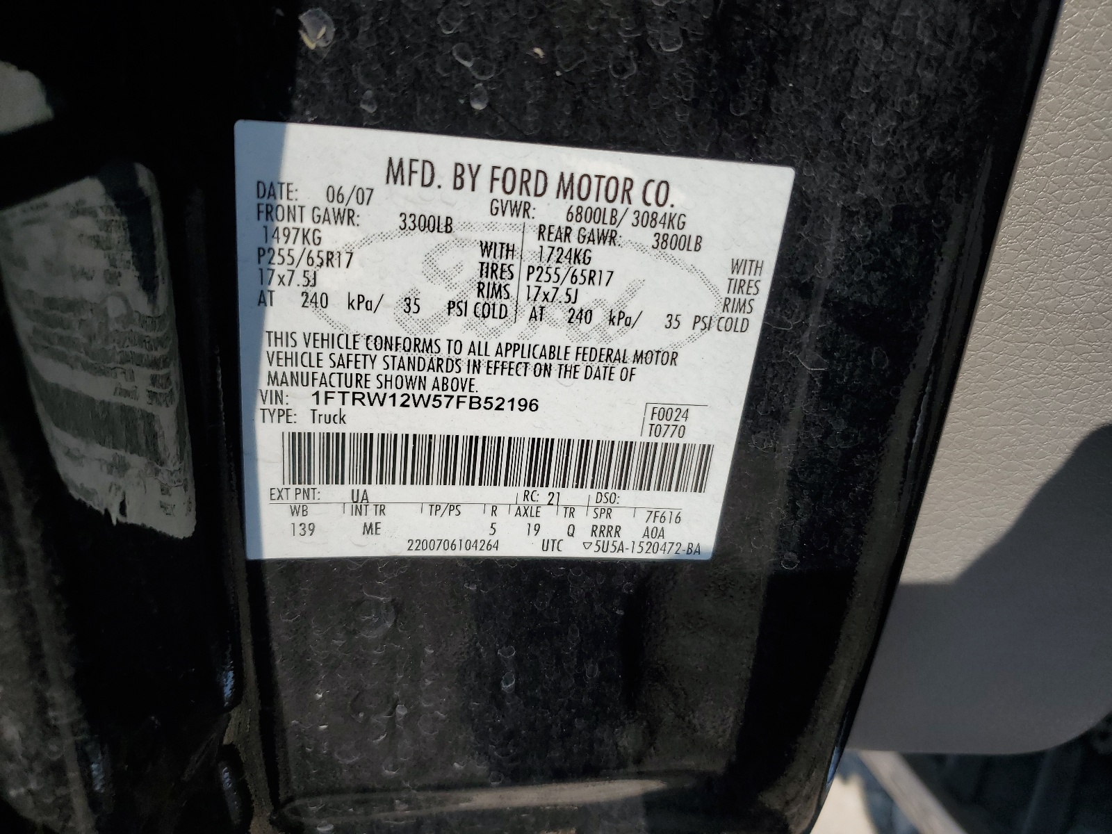 1FTRW12W57FB52196 2007 Ford F150 Supercrew