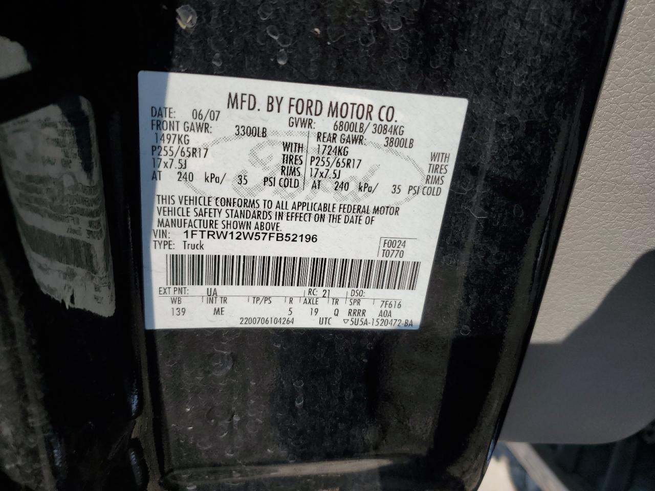 2007 Ford F150 Supercrew VIN: 1FTRW12W57FB52196 Lot: 66414144