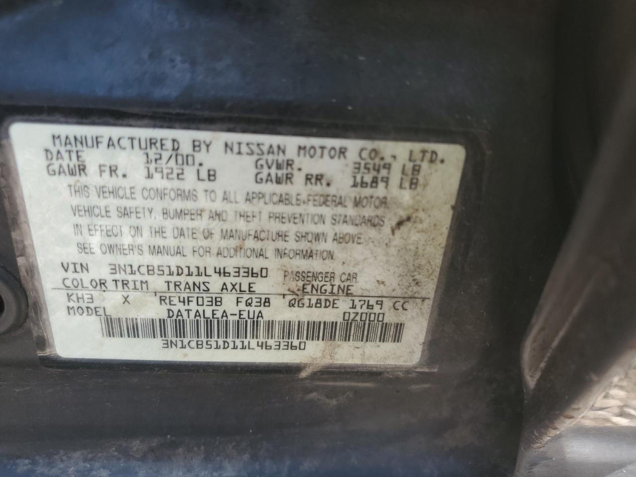 3N1CB51D11L463360 2001 Nissan Sentra Xe