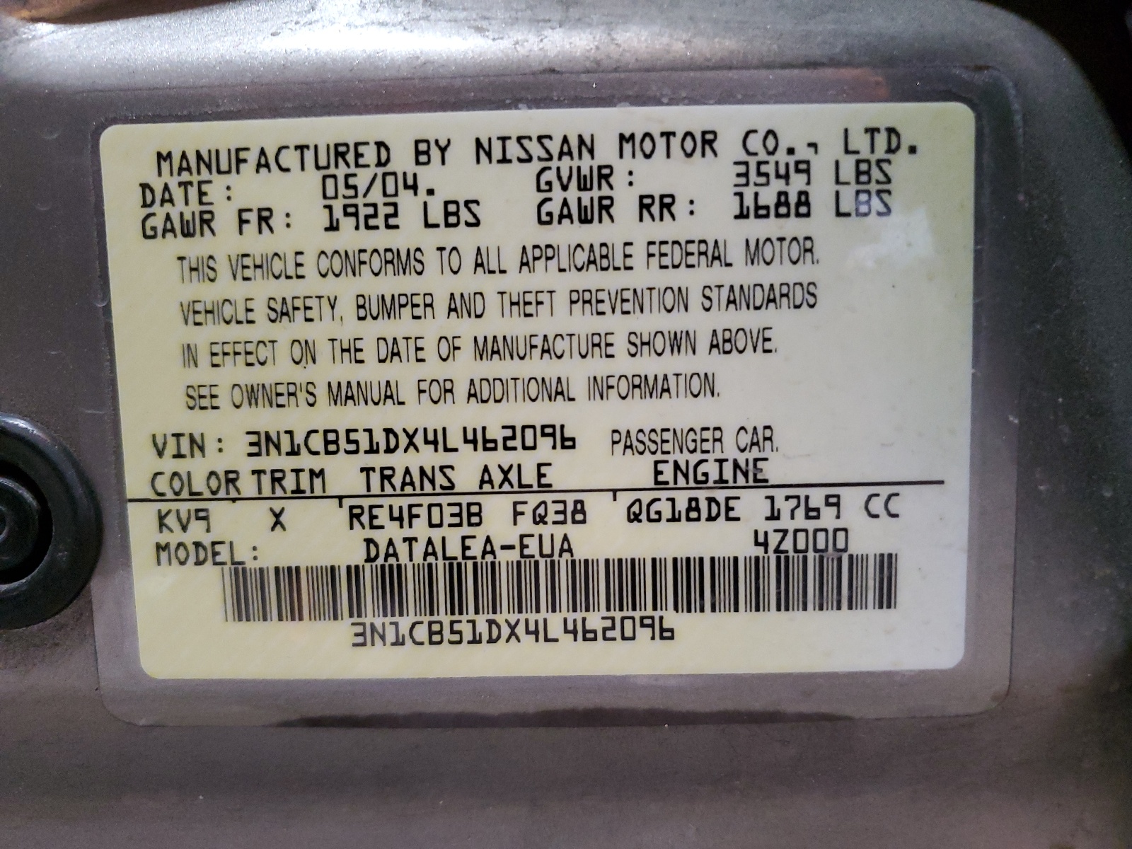 3N1CB51DX4L462096 2004 Nissan Sentra 1.8