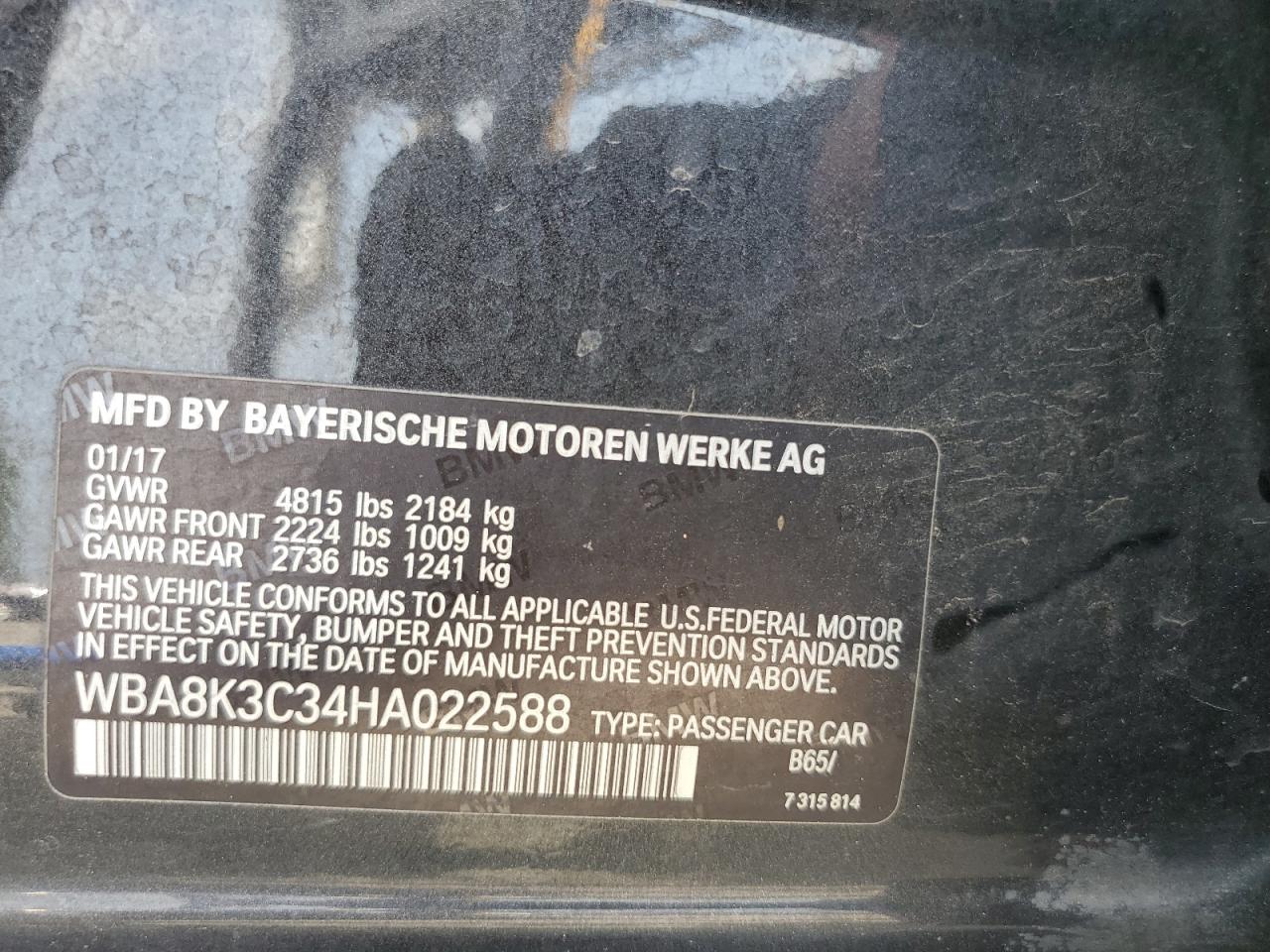 2017 BMW 330 Xi VIN: WBA8K3C34HA022588 Lot: 64577614