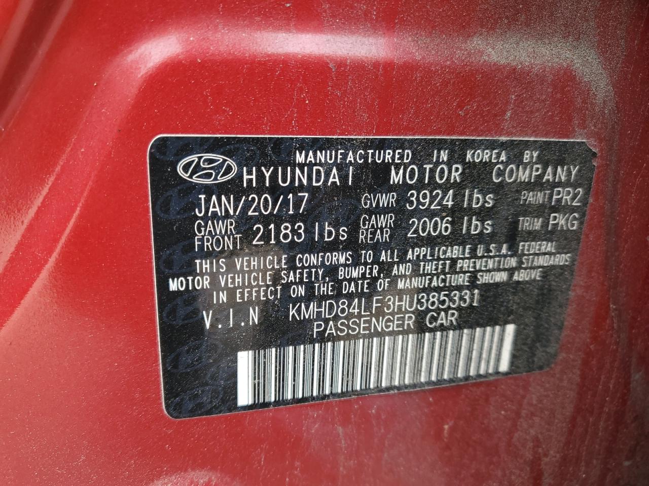 2017 Hyundai Elantra Se VIN: KMHD84LF3HU385331 Lot: 66845904