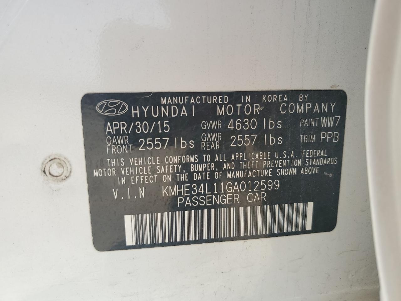 2016 Hyundai Sonata Hybrid VIN: KMHE34L11GA012599 Lot: 68446834