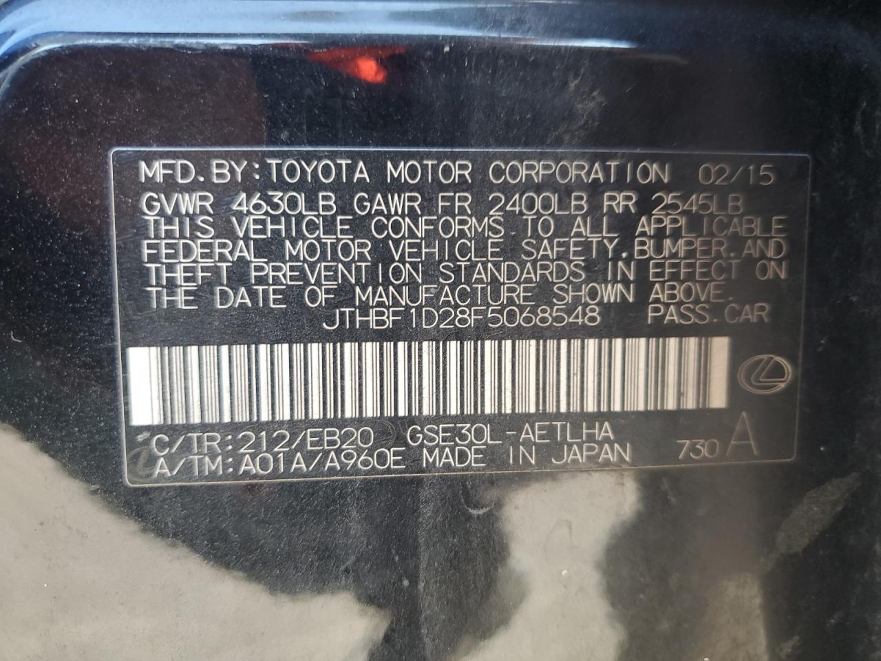 2015 Lexus Is 250 VIN: JTHBF1D28F5068548 Lot: 65469324