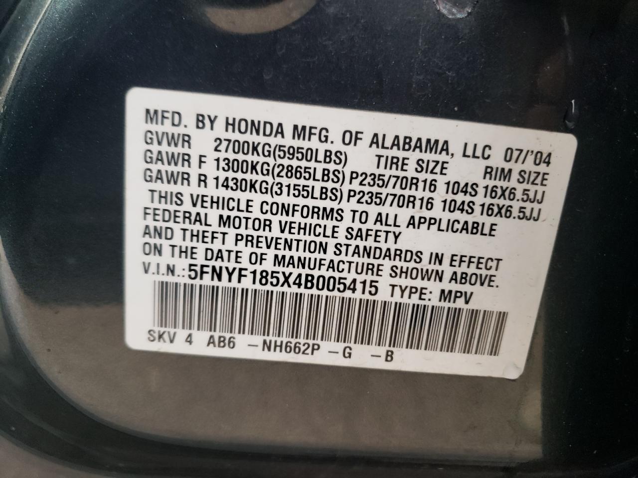 2004 Honda Pilot Exl VIN: 5FNYF185X4B005415 Lot: 64786654