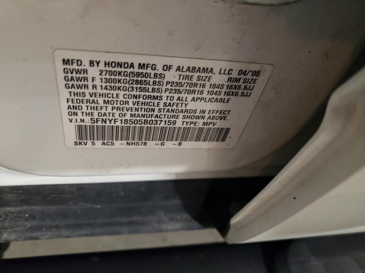 2005 Honda Pilot Exl VIN: 5FNYF18505B037159 Lot: 65217644