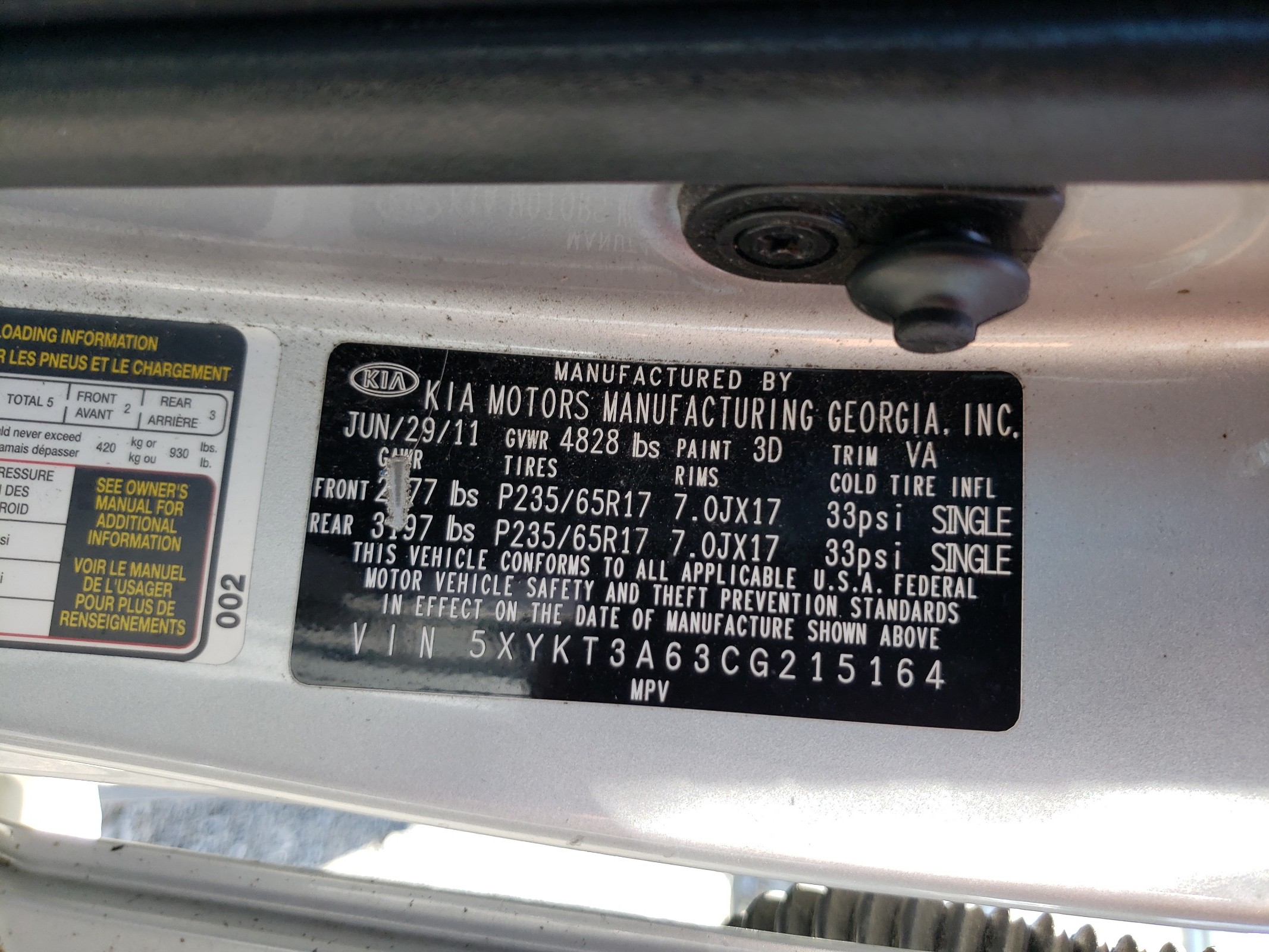 5XYKT3A63CG215164 2012 Kia Sorento Base