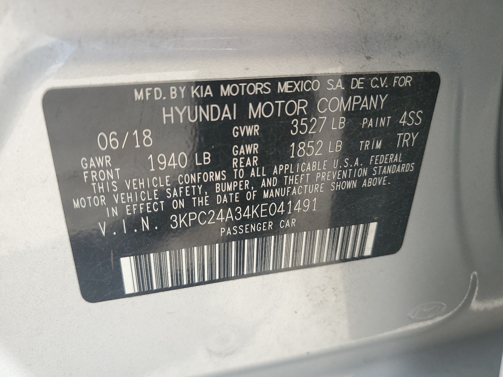 3KPC24A34KE041491 2019 Hyundai Accent Se