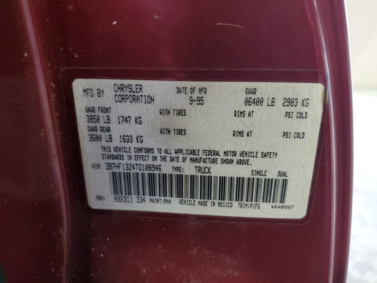 1996 Dodge Ram 1500 VIN: 3B7HF13Z4TG108946 Lot: 68689904