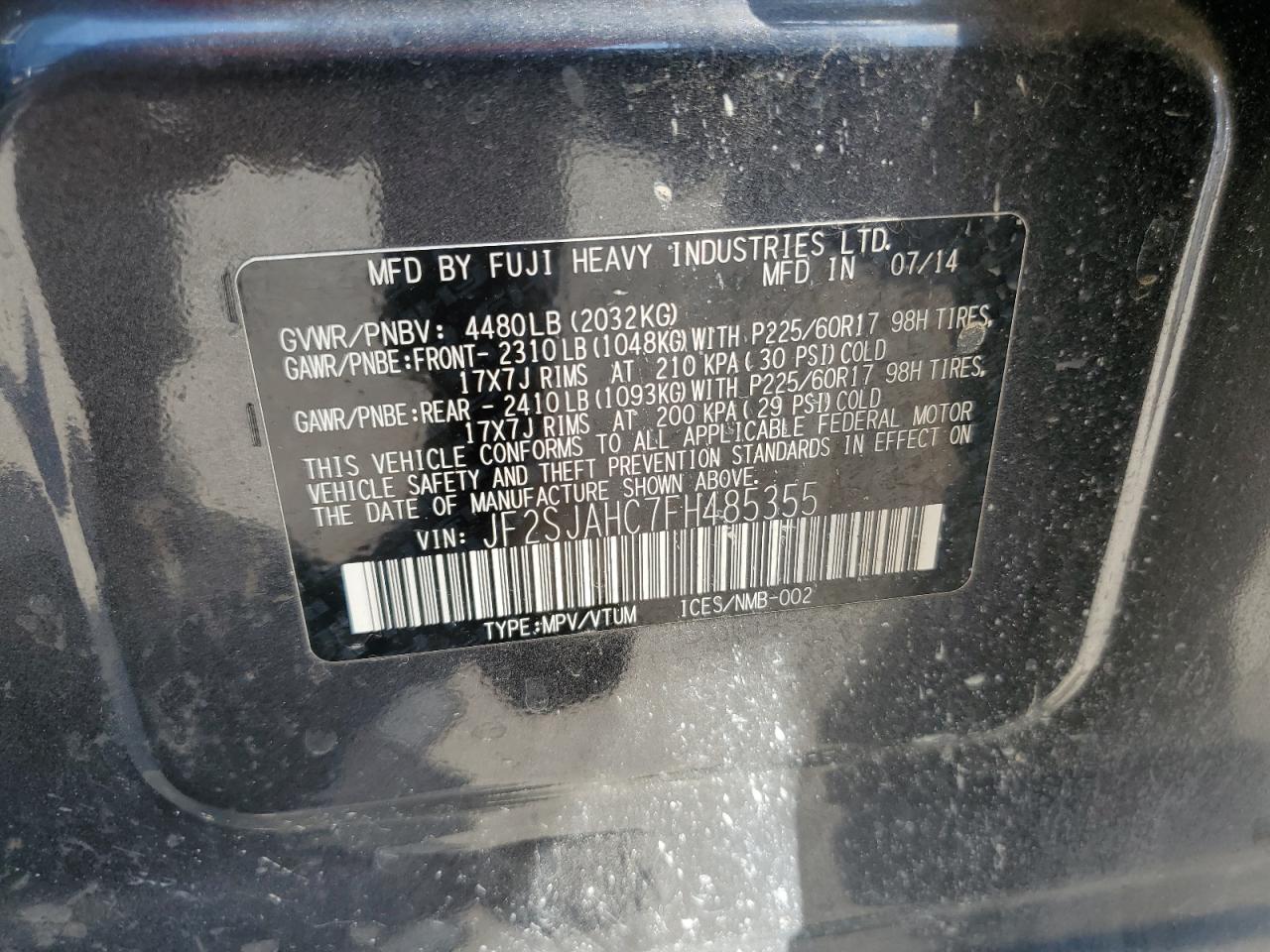 2015 Subaru Forester 2.5I Limited VIN: JF2SJAHC7FH485355 Lot: 67504774