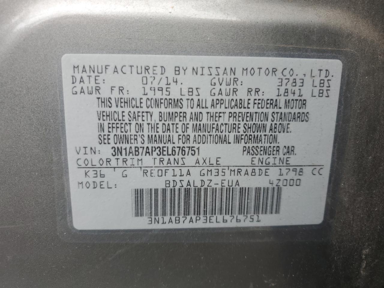 3N1AB7AP3EL676751 2014 Nissan Sentra S