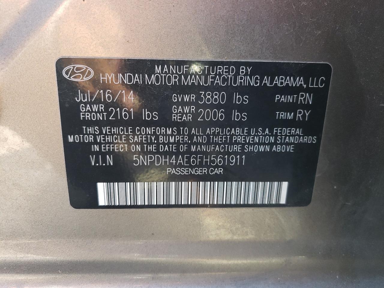 2015 Hyundai Elantra Se VIN: 5NPDH4AE6FH561911 Lot: 66386354