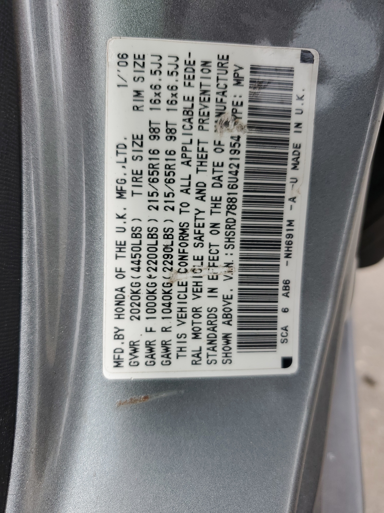 SHSRD78816U421954 2006 Honda Cr-V Ex