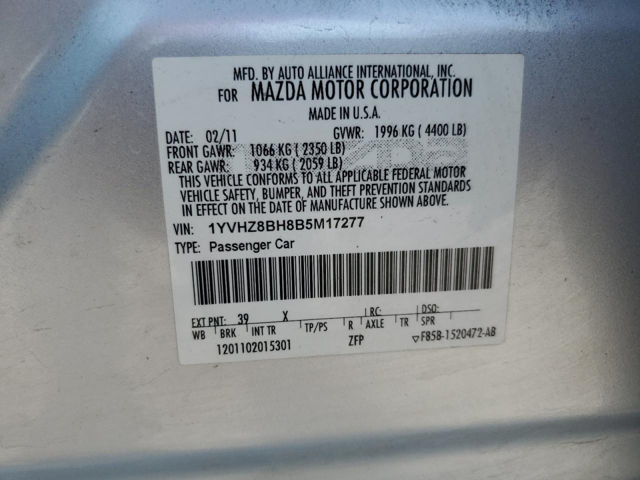 1YVHZ8BH8B5M17277 2011 Mazda 6 I