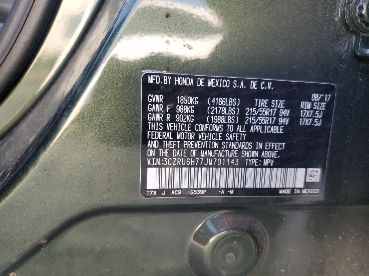 2018 Honda Hr-V Exl VIN: 3CZRU6H77JM701143 Lot: 65227374