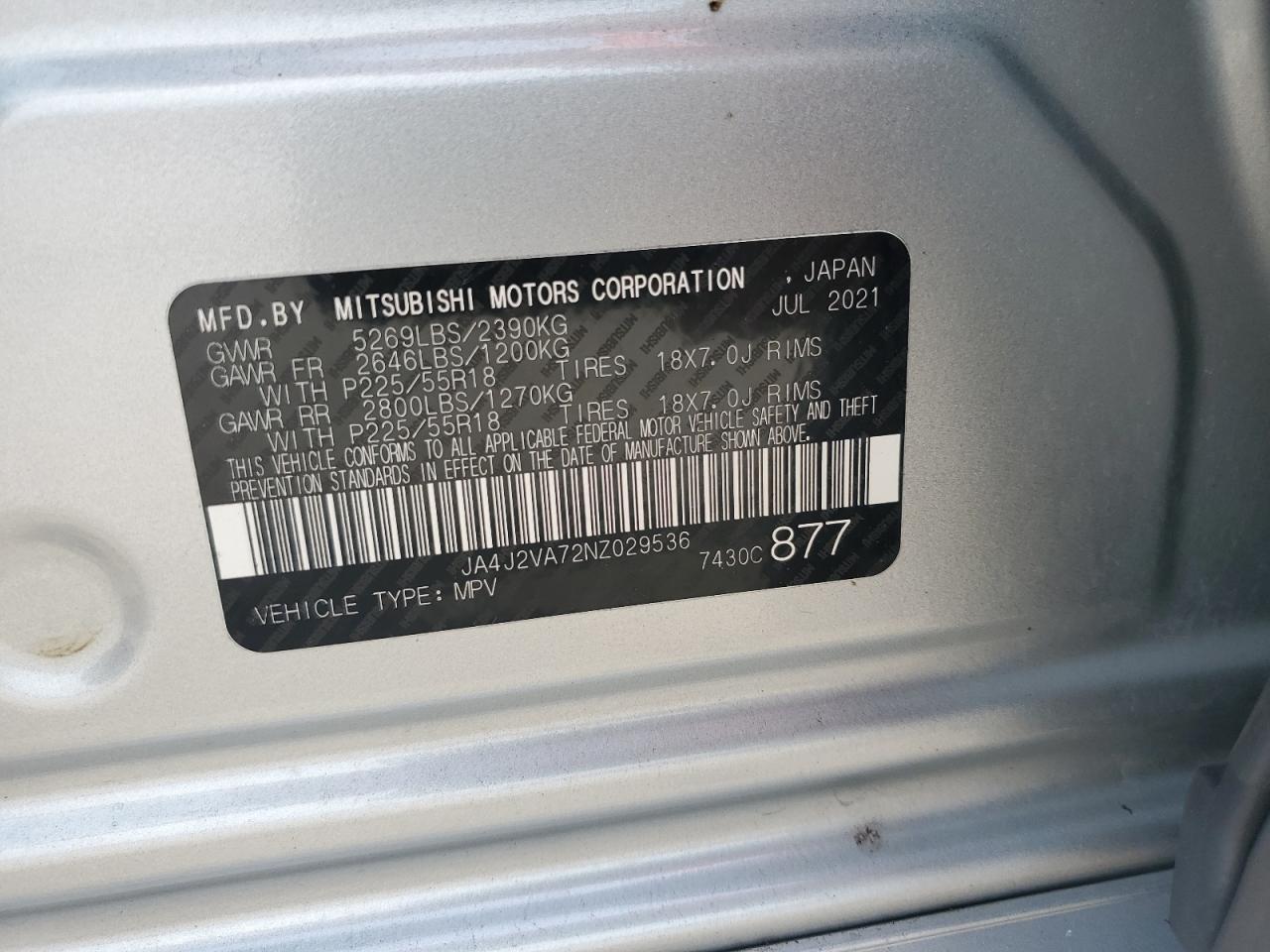 2022 Mitsubishi Outlander Sel VIN: JA4J2VA72NZ029536 Lot: 67644134