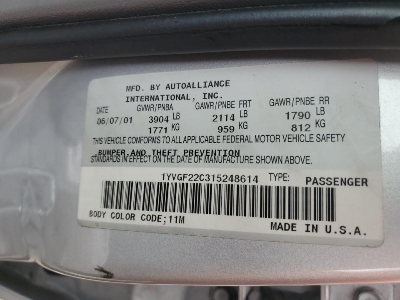 2001 Mazda 626 Es VIN: 1YVGF22C315248614 Lot: 68349054