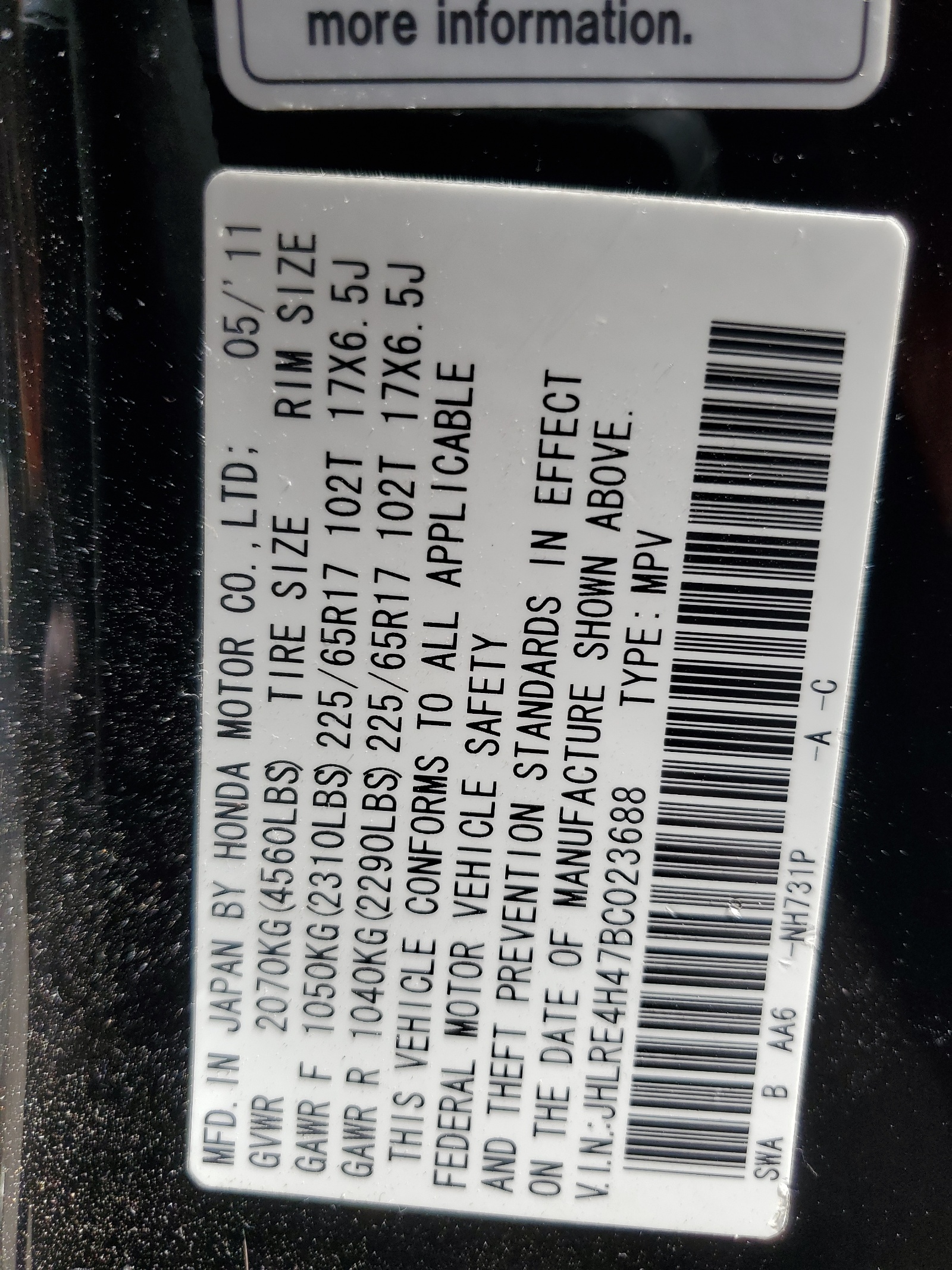 JHLRE4H47BC023688 2011 Honda Cr-V Se