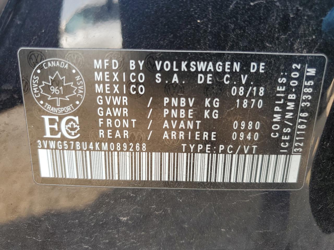 2019 Volkswagen Jetta Sel Premium VIN: 3VWG57BU4KM089268 Lot: 64680664