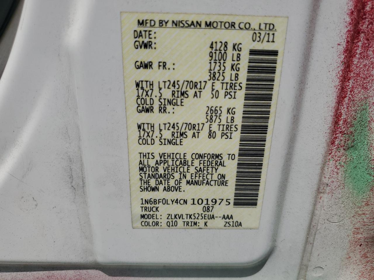 2012 Nissan Nv 2500 VIN: 1N6BF0LY4CN101975 Lot: 65767004