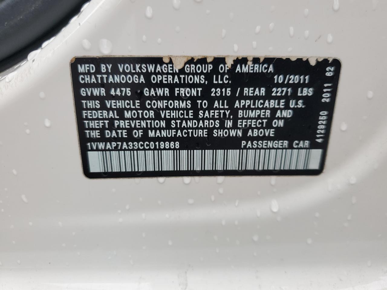 1VWAP7A33CC019868 2012 Volkswagen Passat S