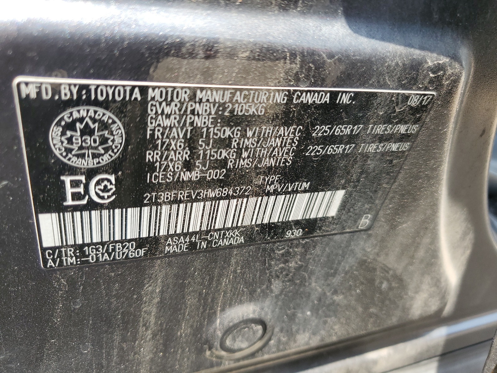 2T3BFREV3HW684372 2017 Toyota Rav4 Le