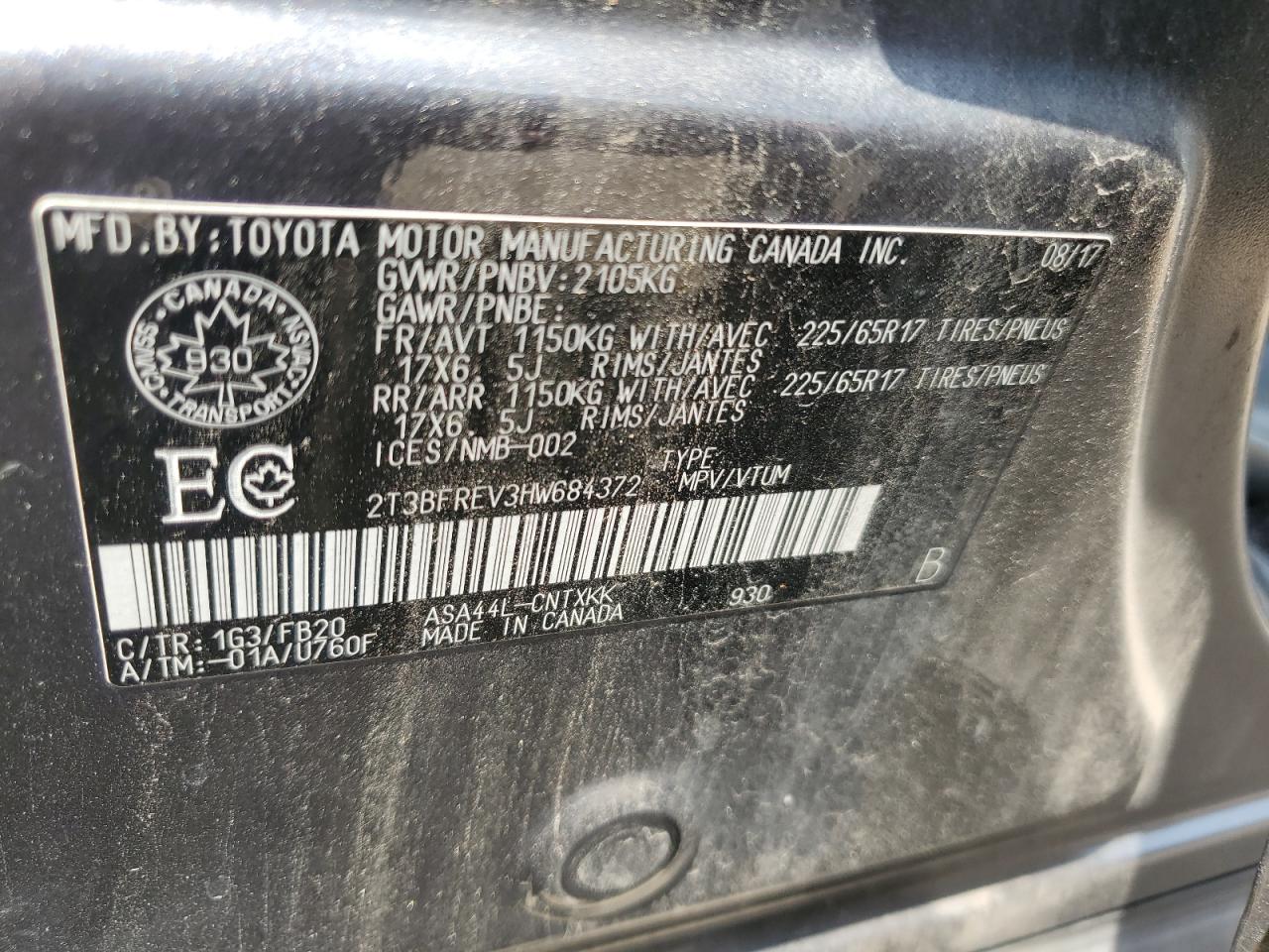 2017 Toyota Rav4 Le VIN: 2T3BFREV3HW684372 Lot: 65442364