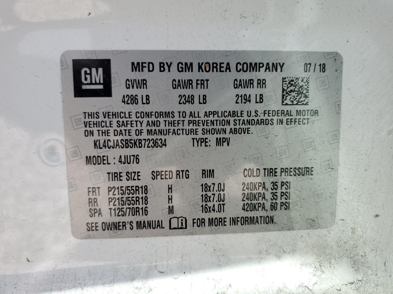 2019 Buick Encore Preferred VIN: KL4CJASB5KB723634 Lot: 66723504