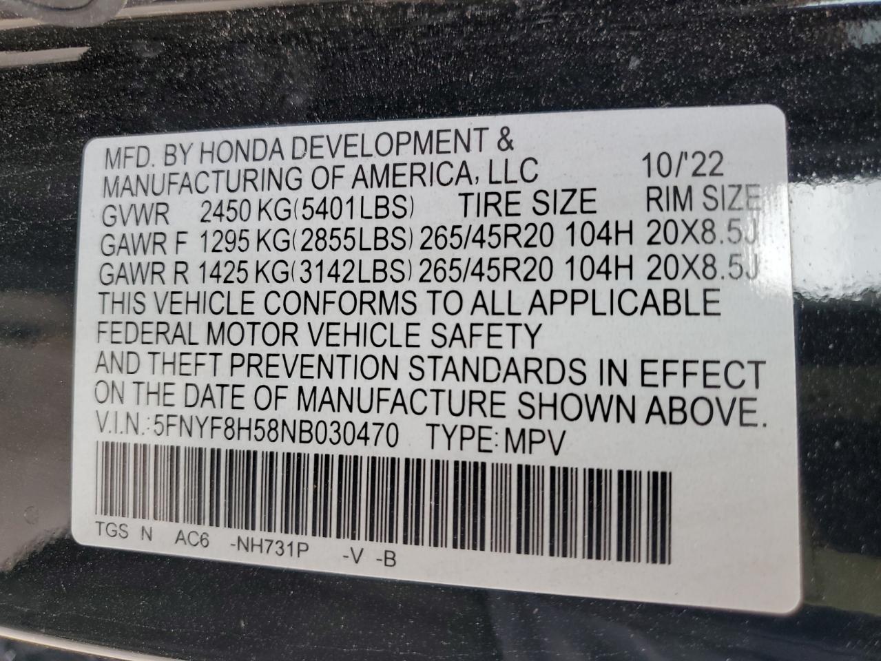 2022 Honda Passport Exl VIN: 5FNYF8H58NB030470 Lot: 68510814