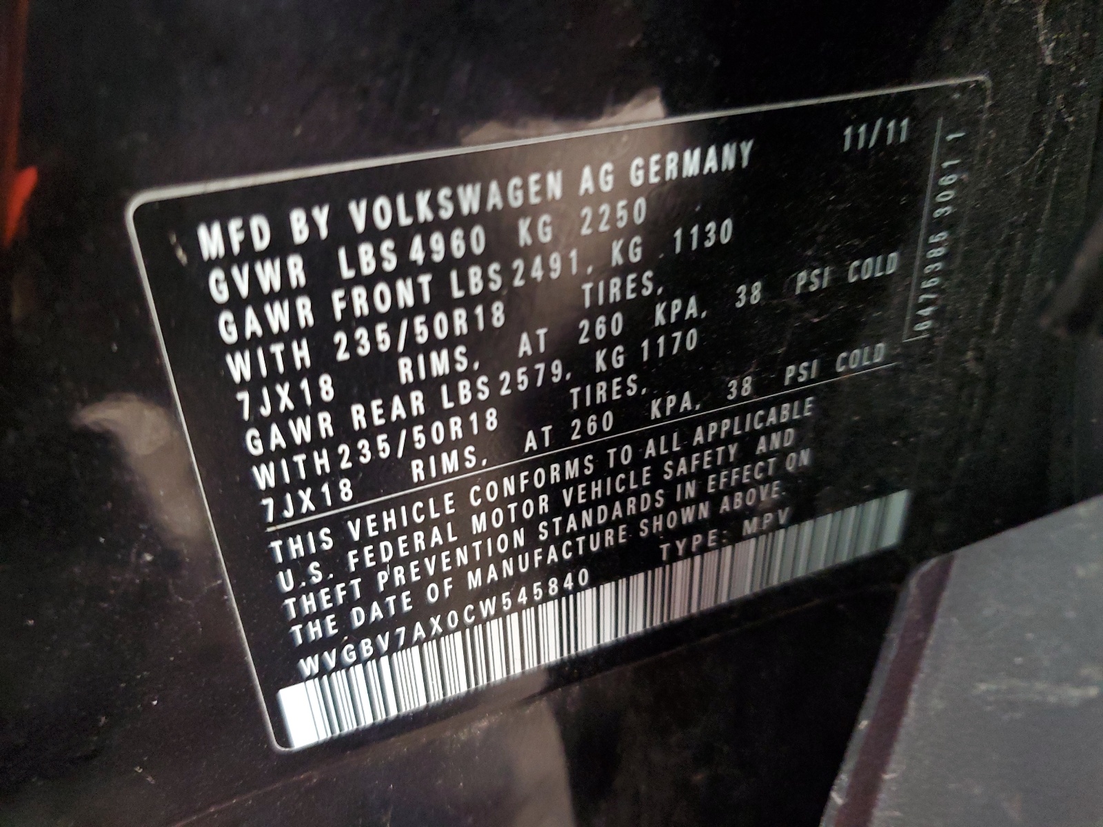 WVGBV7AX0CW545840 2012 Volkswagen Tiguan S