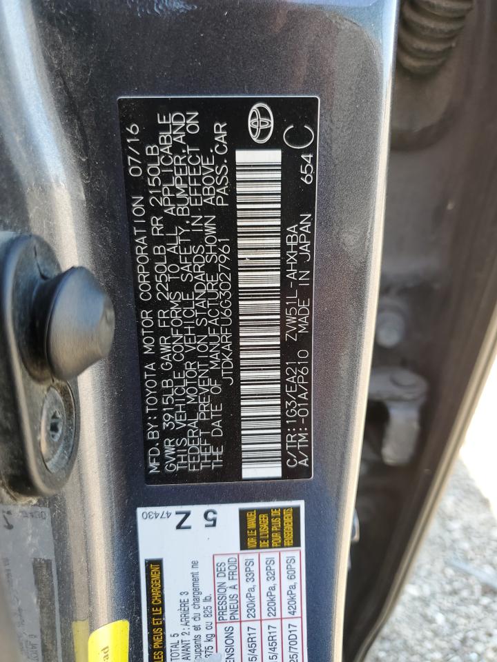 2016 Toyota Prius VIN: JTDKARFU6G3027961 Lot: 66621224