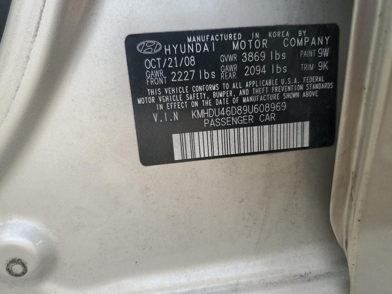 2009 Hyundai Elantra Gls VIN: KMHDU46D89U608969 Lot: 65741074