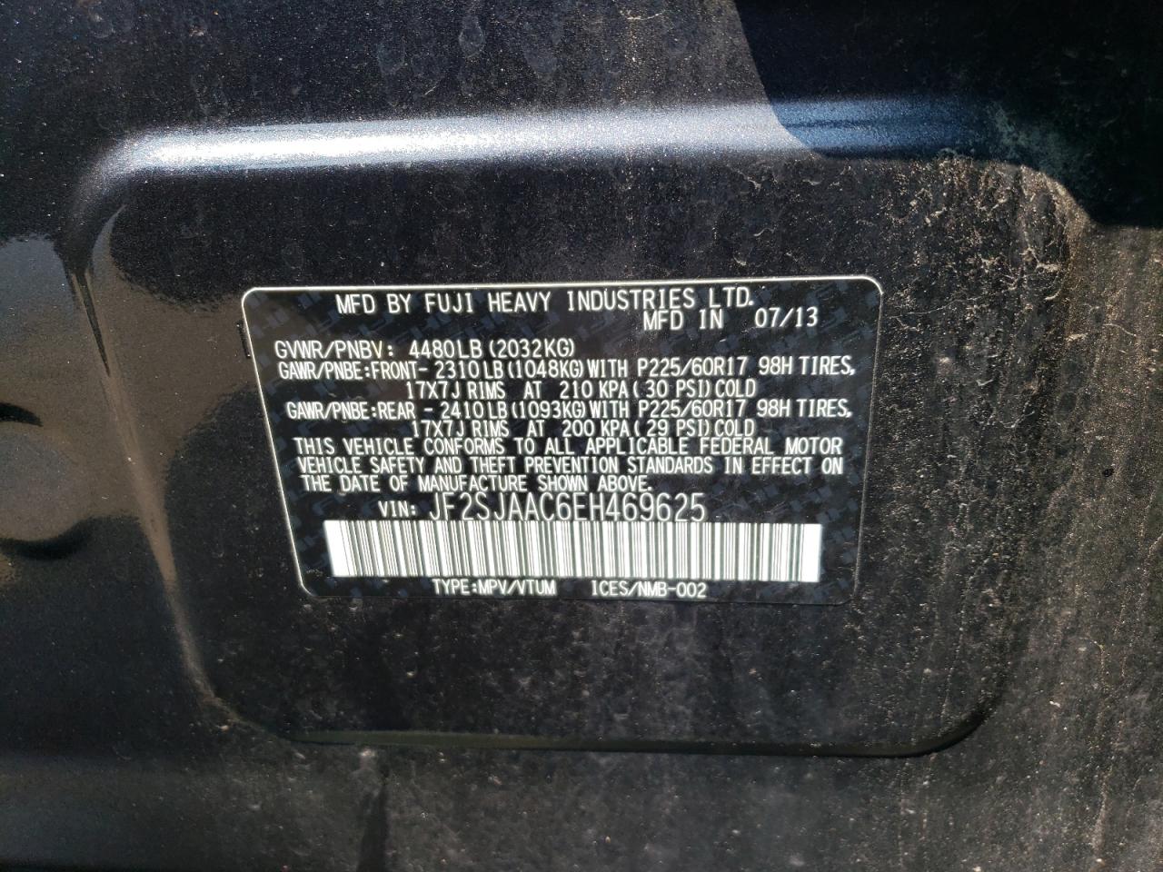 2014 Subaru Forester 2.5I VIN: JF2SJAAC6EH469625 Lot: 65487214