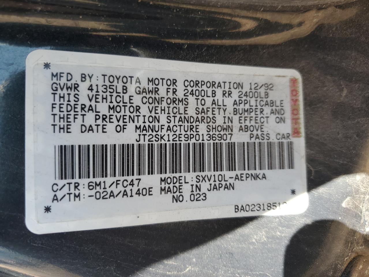 1993 Toyota Camry Le VIN: JT2SK12E9P0136907 Lot: 66282364