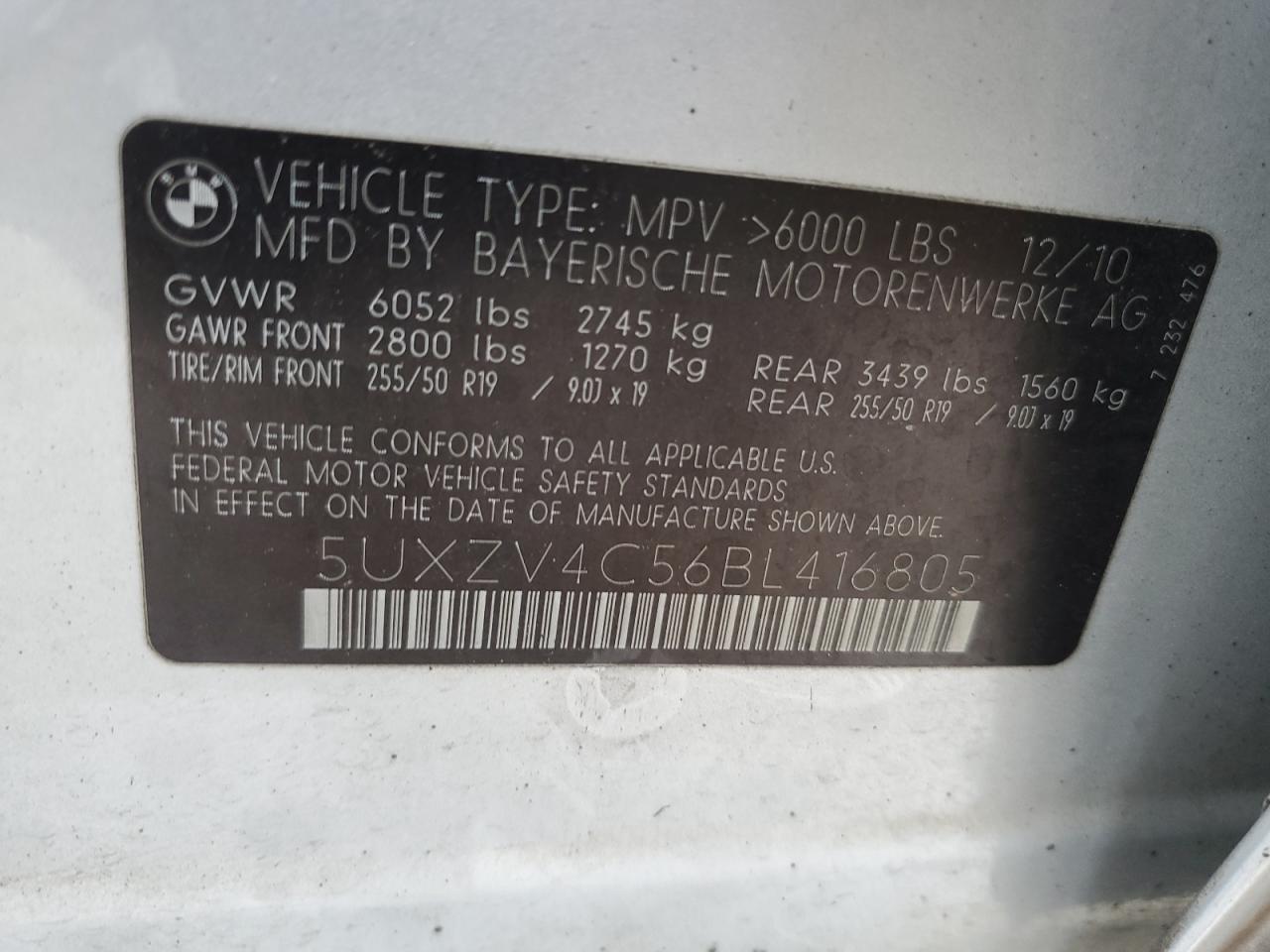 2011 BMW X5 xDrive35I VIN: 5UXZV4C56BL416805 Lot: 66044374