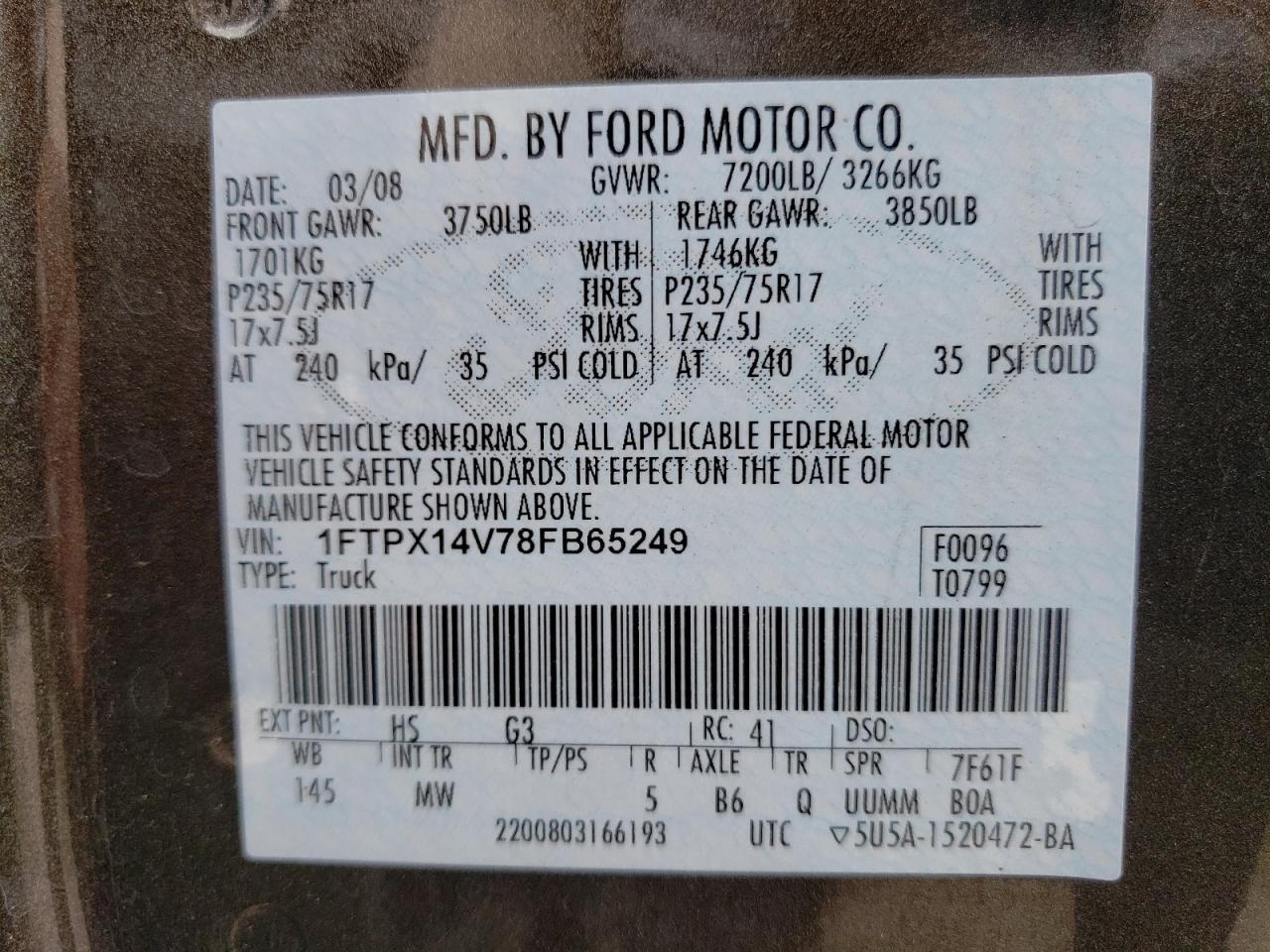 1FTPX14V78FB65249 2008 Ford F150