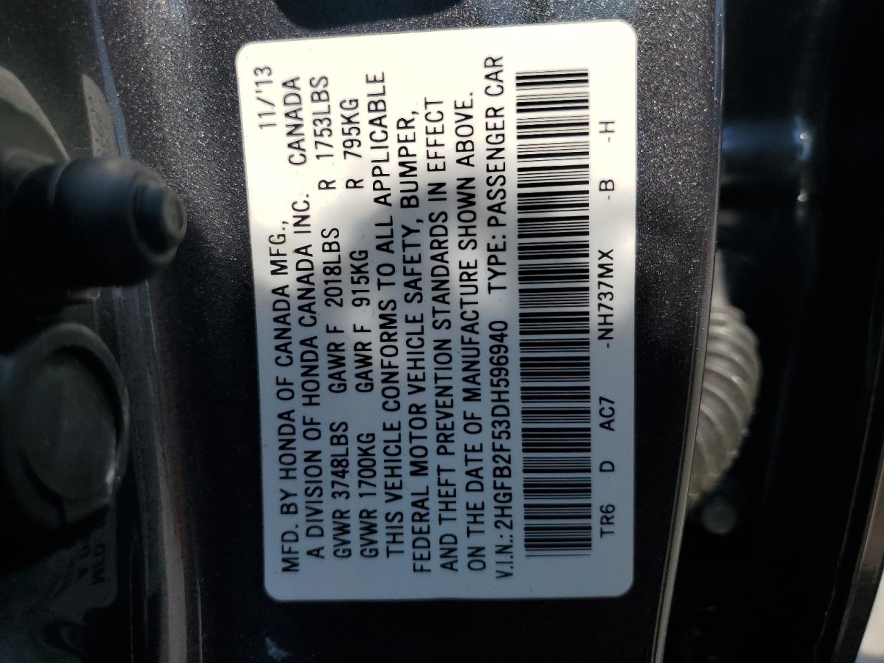 2HGFB2F53DH596940 2013 Honda Civic Lx