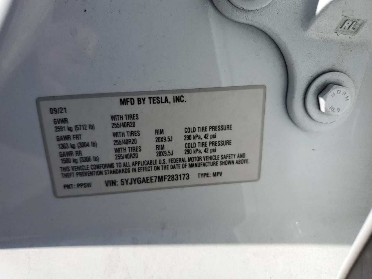 5YJYGAEE7MF283173 2021 Tesla Model Y