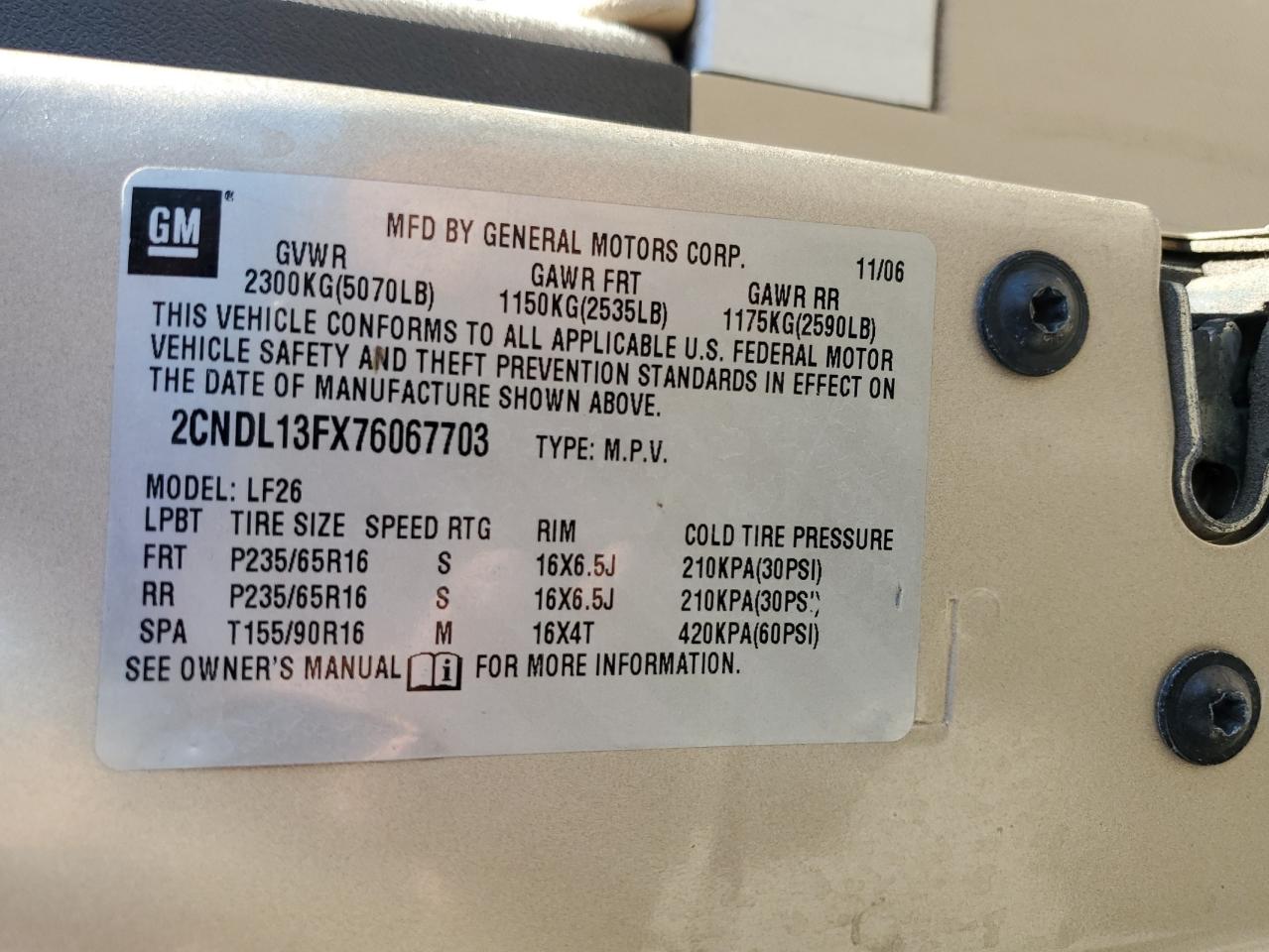 2CNDL13FX76067703 2007 Chevrolet Equinox Ls